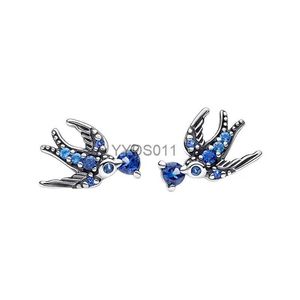 Stud Primavera llow Ear Piercing Brincos Para Mulheres 925 Sterling Silver Jóias Microbeads Pena Grooved Pavimentar Cristais Azuis YQ231114