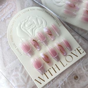 False Nails Handmade Pink Press On Long Fairy Reusable Adhesive With Design Korean Gradient Acrylic Full Cover Nail Tips