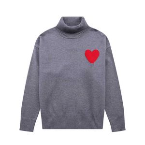 Paris Fashion Designer Amisknitted High Collar Sweater Embroidered Red Heart Solid Color Turtleneck Jumper for Men and Women 2ipk