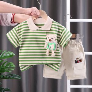 Clothing Sets Fashionable summer children's baby boy striped set short sleeved T-shirt and doll+shorts casual clothing girl clothing 2PCS/set 231114