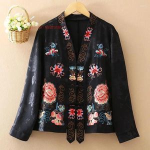 Ethnic Clothing 2023 Chinese National Flower Embroidery Satin Cardigan Traditional Vintage Jacquard V-neck Coat Oriental Tang Suit Blouse