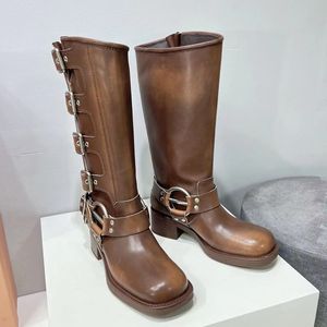 Miu Boots vrouwen hoge laarzen designer schoenen y2k stijl bruin lederen biker laars ronde neus dikke hak Martin bootss riem gesp trim originele geschenkdoos