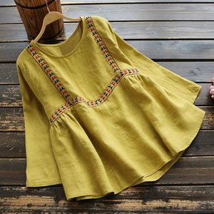 Blusas femininas 2023 Mulheres do outono Bordado bordado solto amarelo amarelo branco linho vermelho blusa top shirt 4xl o tampo de pescoço e