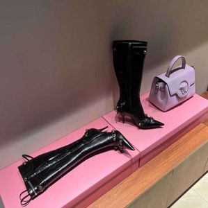 Cagole Lambskin Leather膝 - ハイブーツスタッドバックル装飾されたサイドジップシューズ先のつま先までのヒール背の高いブーツ高級デザイナーシューズフォー0002耐摩耗性