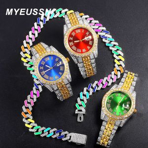 Pendant Necklaces Iced Out Jewelry Watch 3 Pieces Mens Cuban Link Chain Bracelet Necklace Choker for Men Big Color Chains Hip Hop Men Watch Set T230413