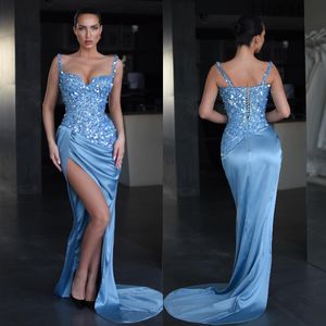 Sjöjungfrun prom klänningar spaghetti paljetter blå himmel aftonklänning delad formell lång speciell ocn party klänning