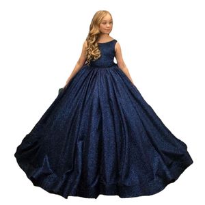 Vestidos de flor de menina de flor -de -comas de madrugada azul -marinho brilhante para casamentos vestidos de ball vestido de crianças, vestidos de comunhão Primeira comunhão com arco