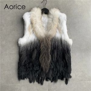 Womens Fur Faux VR001 Natural Real Rabbit Vest med tvättbjörnkrage midja i midja