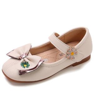 2023 Nya barnskor Girls 'Fashion Shoes Trend High Quality Artistic Pu Solid Color Sweet Bow Princess Leather Shoes Flats