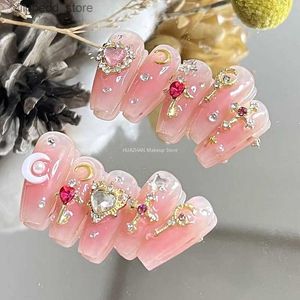 False Nails Pink Glitter Rhinestone False Nail Tips Full Cover Press On Nails Y2K Handmade Short Coffin Acrylic Fake Nail With Glue DIY Gift Q231114