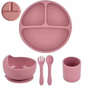 Cups Dishes Utensils 4/5/6Pcs Baby Silicone Bowl Divided Bear Plate Feeding Bowl Straw Cup Fork Spoon for Toddlers Training Tableware Set BPA Free AA230413