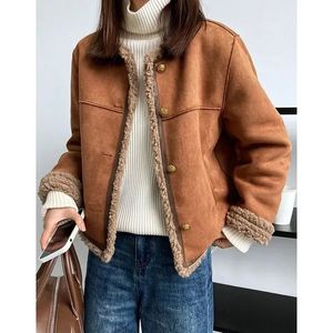 Jaquetas femininas inverno moda imitação de cabelo de cordeiro casaco de pelúcia sólido único breasting em torno do pescoço outerwear em linha reta grossa jaqueta feminina 231114