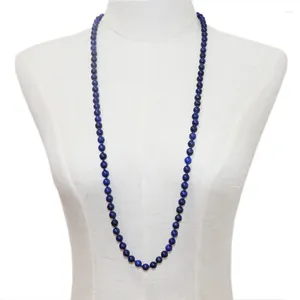 Kedjor enkla blå pärlor långt halsband naturliga lapis lazuli sten mode smycken för kvinnor kedja femme uttalande halsband 36 