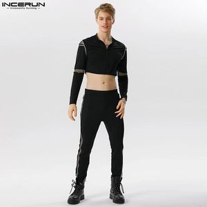 Männer Pullover Casual Party Sets INCERUN Männer Mode Kurze Eng Anliegende Patchwork Reißverschluss Tops Hose Männlich Solide Anzug 2 stück S-5XL 231114