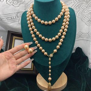 New Luxury champagne Glass Pearl Long Necklace Earrings Sweater Chain wedding jewelry Sets Designer Jewelry N033