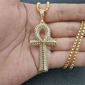 Hängselhalsband Herrarna Egyptiska Ankh Cross Pendant med rostfritt stålkedja och isas ut Bling Full Rhinestones Halsband Hip Hop Egypten smycken T230413