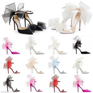 Med låda lyxiga designer sandaler kvinnor höga klackar iverkan pumpar aveline sandal med asymmetrisk grosgrain mesh fascinator bågar skor 8 9 10 bra