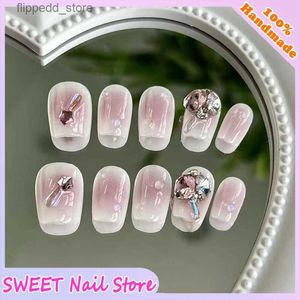 False Nails Pink Wearable Nails Tips Handmade Press On Nails Stickers Färdiga Diamond Accessories Color Short Nail Ballet Q231114