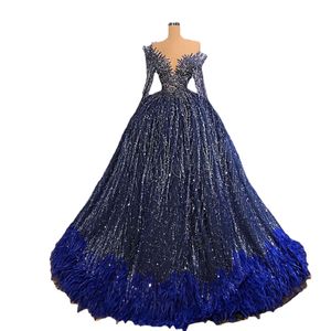 Princess Ball Gown Navy Blue Evening Dresses Glitter Sequin Beads Long Sleeve Formal Party Gowns with Feathers