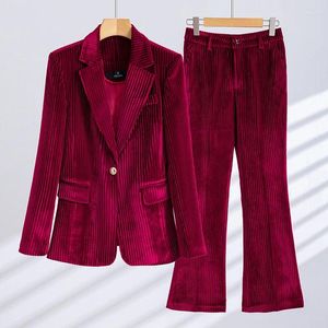 Women's Two Piece Pants Fashion Striped Velvet Ladies Pant Suit Autumn Winter Red Green Black Blue Work Wear Women Blazer And Trouser Formal