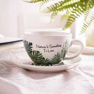 Cups Saucers Tropical Rain Forest Leaf Print Series Ceramic Lahua Coffee Mug Saucer Large Mouth Latte Cup Tea Afternoon Teacup Drinkware