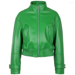 Skórzanie damskie Yoloagain 2023 Autumn Arygian Jacket Women Overized High Collar Green Bomber Ladies