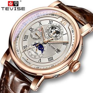 ساعات المعصم tevise Business Waterproof Mens Watches Top Brand Luxury Leather Watch for Men Moon Phase Automatic Wristwatch 231113