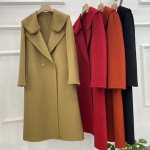 Cappotto in cashmere double face da donna in misto lana rosa da donna 2024 Autunno Inverno doppio colletto in pizzo vita fascia alta elegante parola in lana femminile 231113