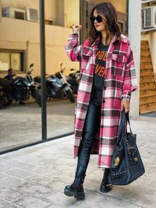 Mulheres misturas de lã moda longo casaco xadrez outono camisa de lã streetwear roupas femininas soltas jaqueta casual 231113