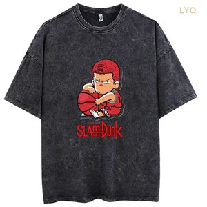 Homens camisetas Vintage lavado t-shirt anime sakuragi hanamichi impressão manga curta algodão tees homens harajuku oversize streetwear