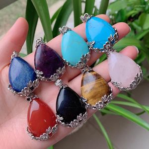 Pendant Necklaces Natural Stone Flower Wrap Tear Water Drop Turquoises Amethysts Lapis Quartz Pink Crystal Healing Jewelry Women