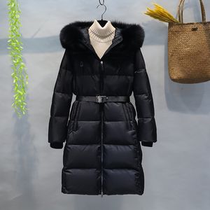 2023 Winter frauen Gürtel Stil Abnehmbare Feder Kragen Unten Mantel Parka Waschbären Mit Kapuze Mantel Dicke Warme Parka Outdoor Sport frauen