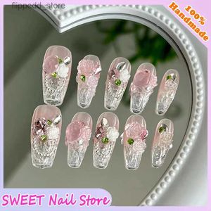 False Nails Handmade Press on Nails Stickers For Manicure 3D Rose Flower Reusable Stickers for Nails Fake Nails French False Nails Pink Q231114