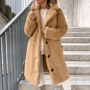 Womens Wool Blends Autumn Winter Flannel Coat Women Casual Solid Color Plush Lapel Long Sleeve Jacket Midlength Female Thermal Overcoat 231114