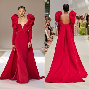 Kırmızı saten deniz kızı gece elbisesi seksi v boyun puf uzun kollu balo elbisesi özel yapım fırfırlar özel gün elbiseleri