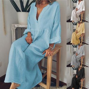 Casual Dresses Plus Size Maxi Dress Women Summer Long Sleeve Linen Cotton Loose Solid V Neck Beach Holiday Sundress Shift DressesCasual