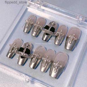 False Nails Handmade Silver French Style Short Coffin False Nails Tips Glittery Saturn Press On Nails Y2K Reusable Fake Nail With Glue Gift Q231114