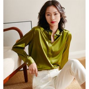Bloups feminina camisas fígado de seda verde de cetim Blusa das mulheres e blusas elegantes elegantes boho manga longa plus size slim 230414