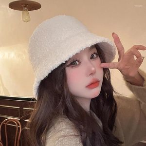 Berets Winter Plush Bucket Hat For Women Solid Color Warm Lamb Fleece Fisherman Cap Girls Autumn Bob Panama Caps Gorras