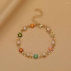 Charme Armbänder Koreanische Bunte Emails Blumen Perle Armband Für Frauen Mädchen Mode Boho Daisy Gold Farbe Metall Kette Schmuck Geschenke