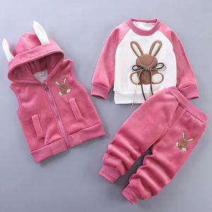 Clothing Sets Winter Baby Fleece Clothing Sets Autumn Boys Girls Cotton Thick Warm Hooded Sweater Cartoon Bear Pants 3Pcs kids Suit 0-4Y 231114