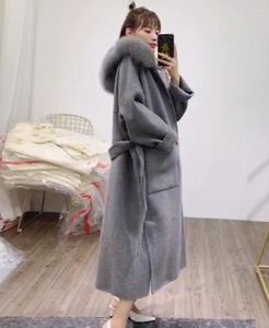 Women's Wool 2023 Winter Casual Loose Long Jacket With Hood Natural Fur Plus Size Sleeve Hooded Cashmere Caot Outwear Female