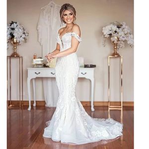 Stylish Off The Shoulder Lace Mermaid Wedding Dresses For Women Plus Size Arabic Aso Ebi Boho Country Bridal Gowns Sweep Train Reception Bride Robes de Mariee