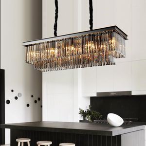 Pendant Lamps American Retro Straight E14 Led Lights Dining Table Gold Black Metal Lustre Crystal Lighting Chain Hanging Lamp