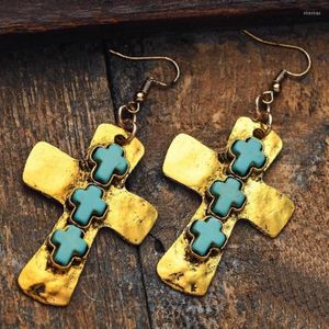 Kolczyki Dangle Turquoise Cross Teksturowane metal z kamiennym hakiem rybnym dla kobiet Cowgirl Boho Chic Akcesoria