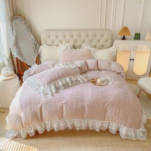 Sängkläder set rosa supermjuk varm sammetfleece set 3d rose snidad spets täcke täcke lakan kuddar