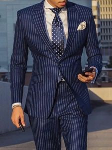 Erkekler Blazers Blazers Mavi Siyah Çizgili 2 Parçalı Erkekler Düğün Partisi İş Smokedos Moda Damat Resmi Giyim İnce Fit Ceket Pantolon Kostüm Homme 231114