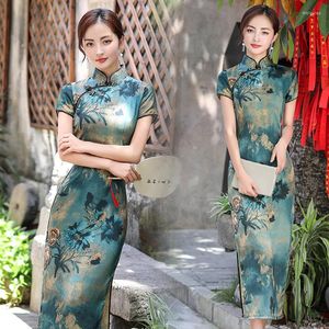 Ethnic Clothing Summer Qipao Long Short-sleeved Landscape Silk And Satin Fashion Everyday Elegant Lady One-piece Cheongsam Skirt For Women