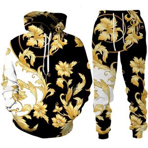 Calças femininas de duas peças primavera outono dourado floral 3d impresso moletom com capuz casual moletom e calças conjunto moda masculina mulheres terno esportivo 231113