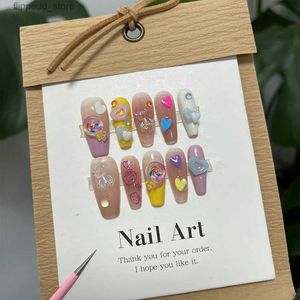 False Nails Lollipop Bear Pattern Handmade Press on Full Cover Professional Nails Transparent Mocha Star Mid-Length Reusable Finished Nails Q231114